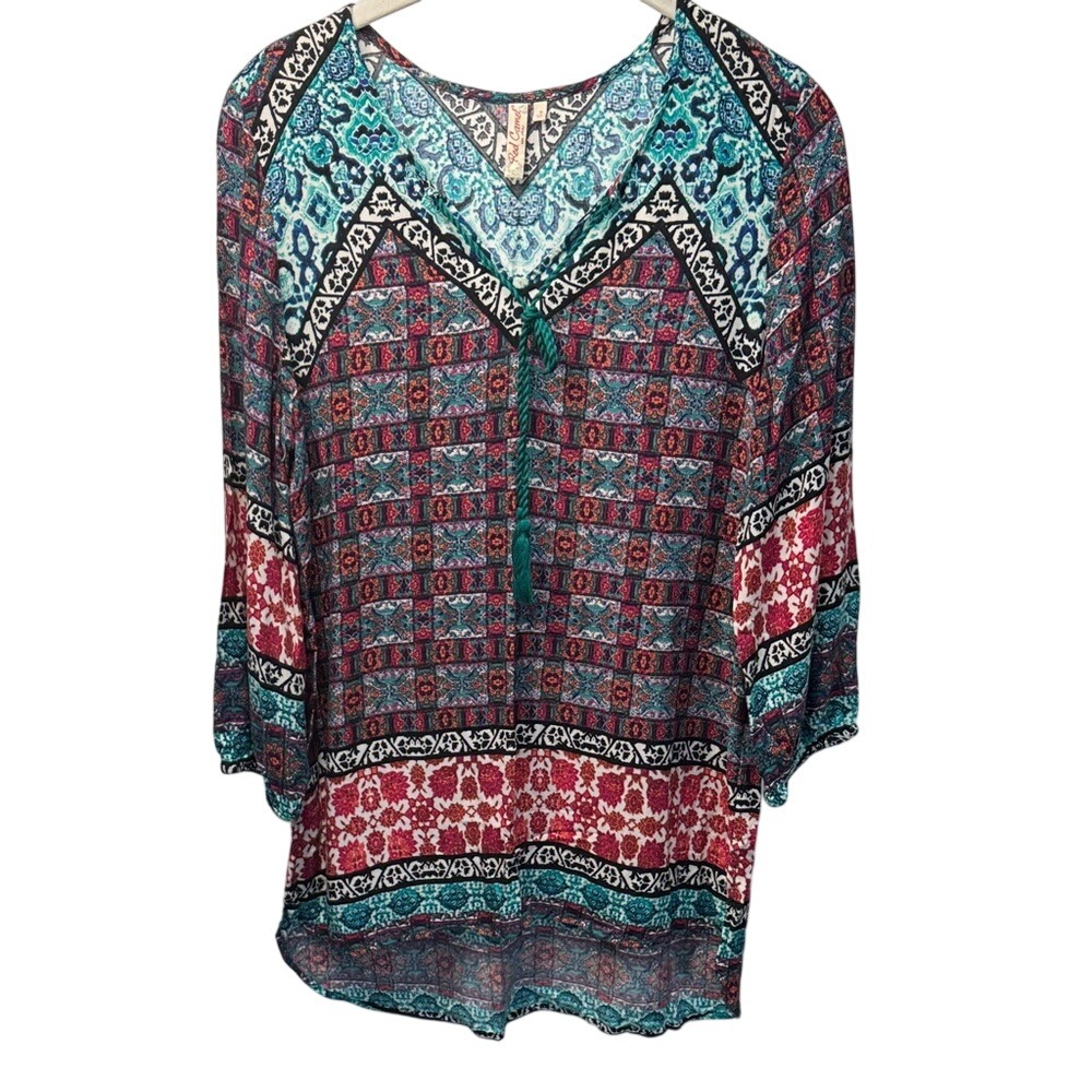 Red Camel Womens Small Teal Burgundy Geometric Print Tassel V-Neck Tunic Blouse